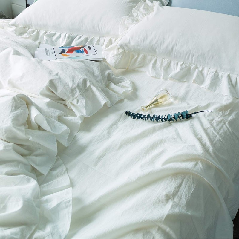 SUSYBAO White Vintage Ruffle Duvet Cover Queen 100% Washed Cotton White Farmhouse Duvet Cover Set 3 Pieces 1 White Lace Duvet Cover with Zipper Ties 2 Pillow Shams Luxury Soft Shabby Chic Bedding Set - Image 2